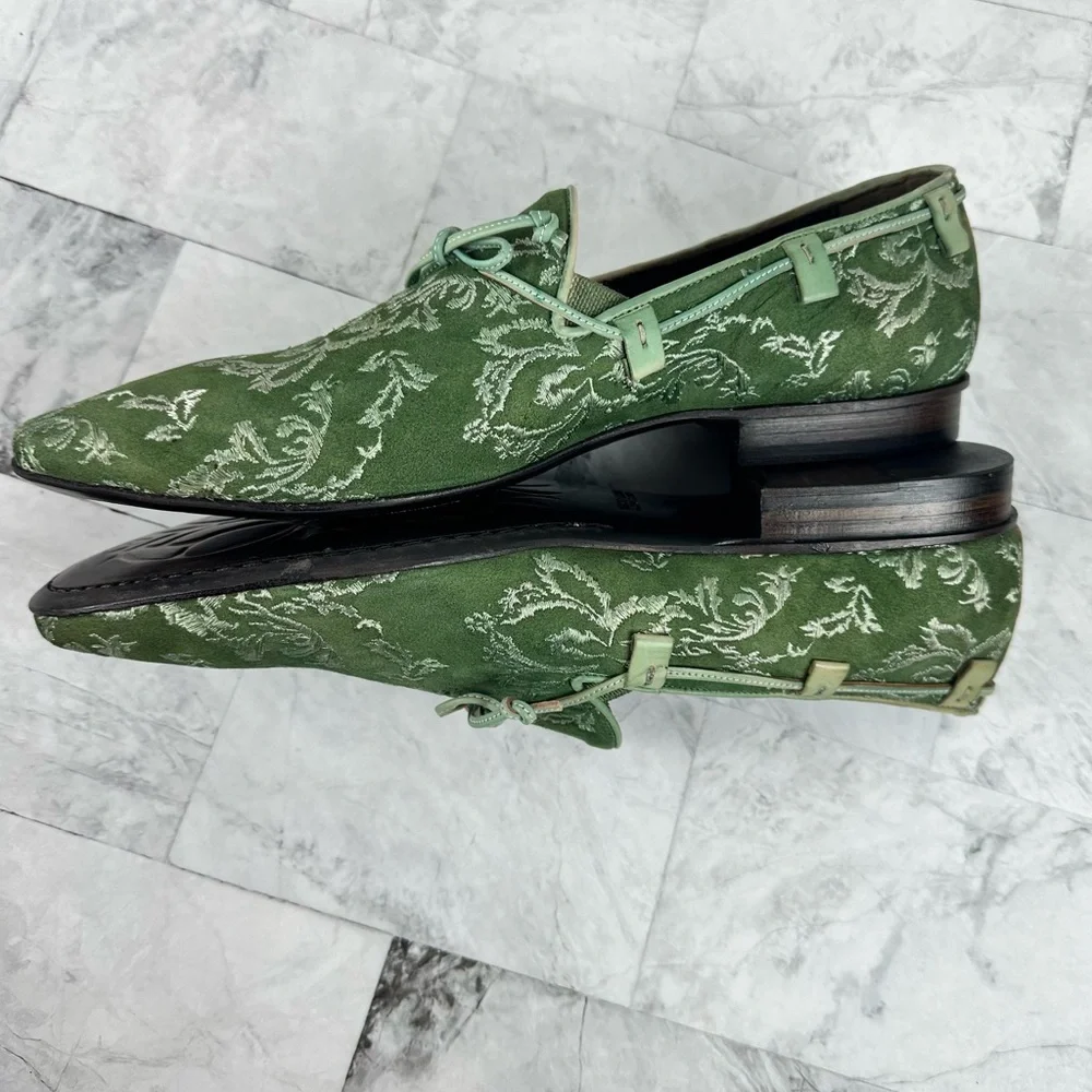 Jo Ghost Green Suede Embroidered Loafers Italy Slip On Sz 42 US 9 - Picture 9 of 14